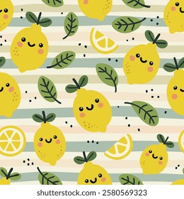 Seamless pattern with cute lemons, leaves, and lemon slices on striped background. Perfect for kids designs, fabric prints, packaging, and digital projects.