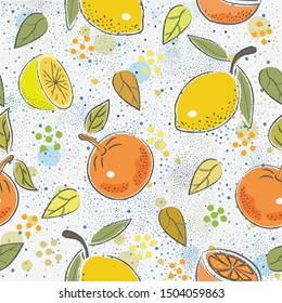 Seamless Pattern with cute lemons and oranges. Scandinavian Hand Drawn Style. Vector Illustration
