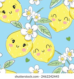 Seamless pattern with Cute Lemons. Trend design print for summer spring textile. Vector, illustration. Sketchy fruity.