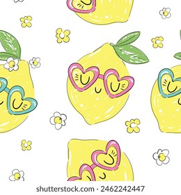 Patrón sin costuras con limones lindos. Impresión de diseño de moda para textil de primavera de verano. Vector, ilustración. Fragante afrutado.