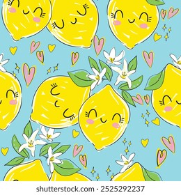 Seamless pattern with Cute Lemons. Trend design print for summer spring textile. Vector, illustration. Sketchy fruity.