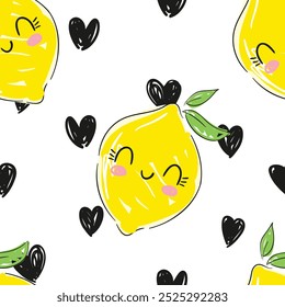 Seamless pattern with Cute Lemons. Trend design print for summer spring textile. Vector, illustration. Sketchy fruity.