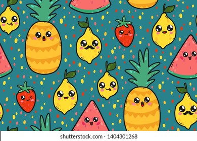 Seamless pattern with cute lemons, watermelons, and strawberries in Japan kawaii style. Happy cartoon fruit characters with funny faces illustration. 