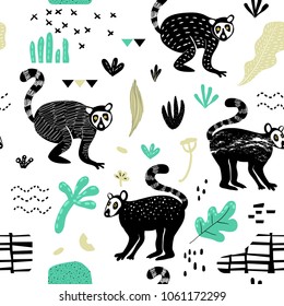 Seamless Pattern with Cute Lemur. Creative Hand Drawn Childish Animal Background for Fabric, Wallpaper, Decoration. Vector illustration
