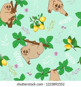 seamless pattern cute lemur Lori and lemon, cartoon design