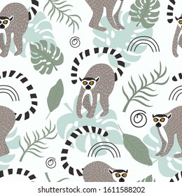 Seamless pattern with cute lemur on white background. Vector illustration, in cartoon style, for printing on fabric, postcards, wrapping paper, gift products, Wallpaper, clothing. 