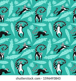 Seamless pattern with cute lemurs and leaves. Black and white animals on green background. Vector illustration.