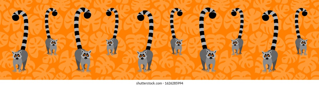 Seamless pattern with cute lemurs on orange background with monstera leaves. Tropical print. Horizontal orientation. Flat vector illustration.