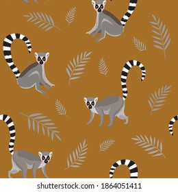 Seamless pattern cute lemurs on a brown background for wrapping paper, print, scrapbooking paper, textile or fabric. Lemur and jungle plants. Vector illustration. 