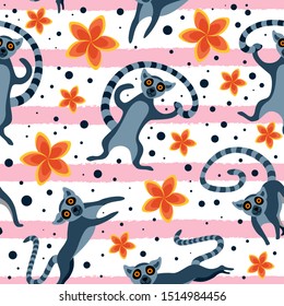 Seamless pattern with cute lemurs with plumeria flowers on striped background. Flat vector illustration.