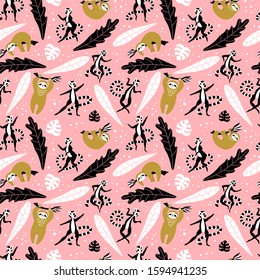 Seamless pattern with cute lemurs and sloths with floral elements on pink background. Flat vector illustration.