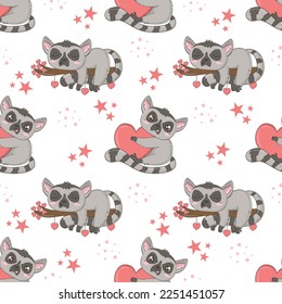 Seamless pattern with cute lemurs for Valentine's Day in cartoon style for kids, children's books and games, print.