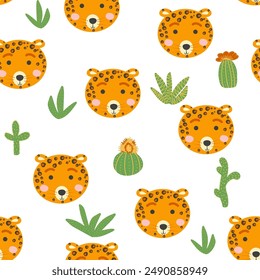 Patrón sin fisuras con caras de animales de leopardo lindos. Ilustración en estilo boho, atrapasueños, cactus, palmeras, trópicos