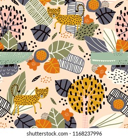 Seamless pattern with cute leopard, crocodile and tropical plants. Vector texture in childish style great for fabric and textile, wallpapers, backgrounds. Creative jungle childish texture.