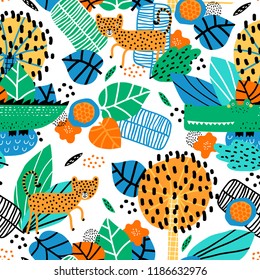 Seamless pattern with cute leopard, crocodile and tropical plants. Vector texture in childish style great for fabric and textile, wallpapers, backgrounds. Creative jungle childish texture.