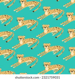 Seamless pattern with cute leopard in jungle. Funny hand drawn cheetah lying. Exotic wild cat on blue background. Cartoon vector illustration