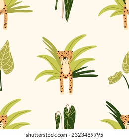 Seamless pattern with cute leopard in jungle. Funny hand drawn cheetah sitting in leaves. Exotic wild cat repating print. Cartoon vector illustration