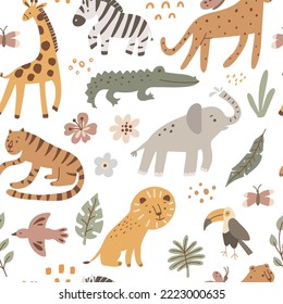 Patrón sin foco con leopardo lindo, león, jirafa, elefante, tigre, cocodrilo, cebra, tocan. Ilustración vectorial.