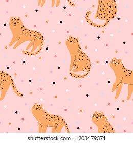 Seamless pattern with cute leopard on pink background.