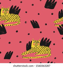 Seamless pattern with cute leopard on a pink background. Perfect for kids apparel, fabric, textile, nursery decoration, wrapping paper. Childish vector background.