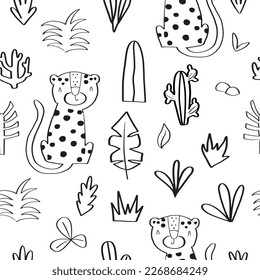 Seamless pattern with a cute leopard surrounded by tropical plants. Vector illustration in doodle style for your design