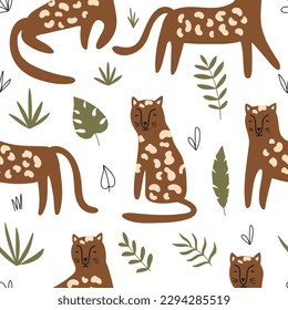 Seamless pattern with a cute leopard surrounded by tropical plants. Vector illustration for your design
