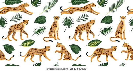 Seamless pattern with cute leopards or cheetah and exotic tropical leaves. Vector background for printing on fabric, stationery, paper, packaging, children's clothing.