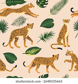 Padrão perfeito com leopardos bonitos ou chita e folhas tropicais exóticas. Fundo de vetor para impressão em tecido, papelaria, papel, embalagem, vestuário infantil.