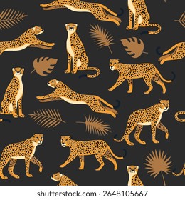 Seamless pattern with cute leopards or cheetah and exotic tropical leaves on on a dark background. Vector background for printing on fabric, paper, packaging, clothing.