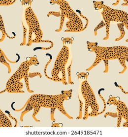 Padrão perfeito com leopardos bonitos ou chita. Fundo de vetor para impressão em tecido, papelaria, papel, embalagem, vestuário infantil.