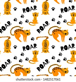 Seamless pattern with cute leopards, lettering and trails. Cartoon animals isolated on white background. Flat vector illustration.