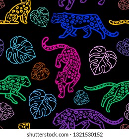 Seamless pattern. Cute leopards and monstera leaves. Isolated on white background. Wild cats. Neon illustration.