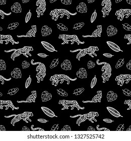 Seamless pattern. Cute leopards and monstera leaves. Isolated on black background. Wild cats. Hand drawn linear illustration.