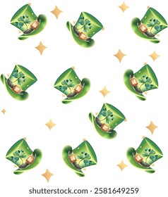 Seamless pattern with Cute Leprechaun Hat. With sparkling light. Irish celebration. Comes with green shamrock. Isolated on Background. St. Patrick's Day. 