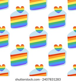 Seamless Pattern with Cute LGBT Cake slice and rainbow cream. LGBTQ. Symbol of the LGBT pride community. Flat vector illustration.