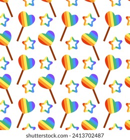 Seamless Pattern with Cute LGBT Lollipop rainbow on stick and star. Candy in form heart. LGBTQ. Symbol of the LGBT pride community. Flat vector illustration.