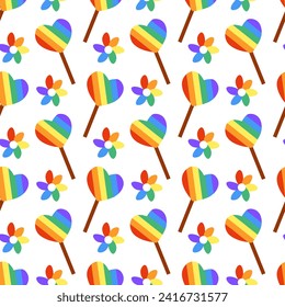 Seamless Pattern with Cute LGBT Lollipop rainbow on stick and flowers. Candy in form heart. LGBTQ. Symbol of the LGBT pride community. Flat vector illustration.