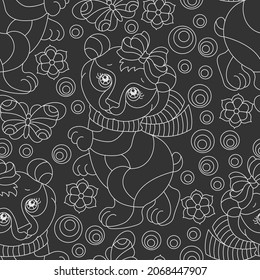 Seamless pattern with cute light contour bears, butterflies and flowers, outline animals on a dark world