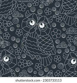 Seamless pattern with a cute light contour owls, flowers and clouds on a dark background