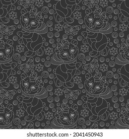 Seamless pattern with cute light outline bears, butterflies and flowers, contour animals on a dark background