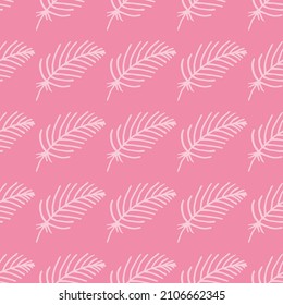 Seamless pattern with cute light pink feathers on pink background. Vector image.
