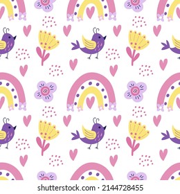 Seamless pattern with cute lilac bird, hearts, rainbows, flowers on a white backfround. Vector graphics for prints on childrens clothes, t-shirts, pillows, wallpapers, packaging, packages.