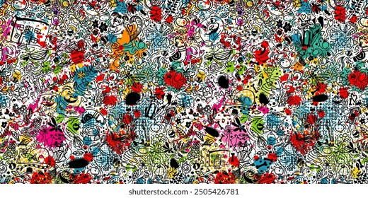 Seamless pattern of cute line animals. hand drawing. Not AI, Vector illustration.