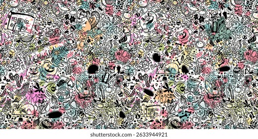 Seamless pattern of cute line animals. hand drawing. Not AI, Vector illustration.