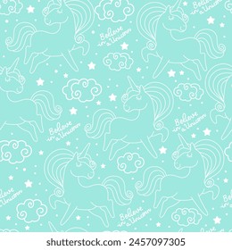Seamless pattern with cute line unicorns, stars and clouds on a mint color background. Vector illustration with magic horse. For party, print, baby shower, wallpaper, design, bed linen, apparel