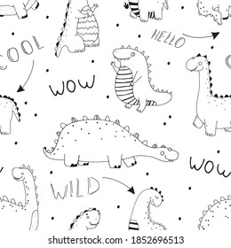 seamless pattern with cute linear dinosaurs and lettering, can be colored, childrens illustration, design, print