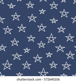 Seamless pattern with cute linear hand drawn white stars on navy blue background. Night sky background. Festive wrapping paper. Vector illustration.