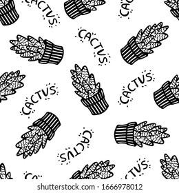 Seamless pattern cute lineart cactus and words. Black ink hand drawn illustration isolated on white background. Vector