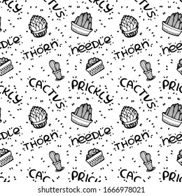 Patrón impecable linearte diferentes cactus y palabras. Ilustración dibujada a mano con tinta negra aislada en fondo blanco. Vector