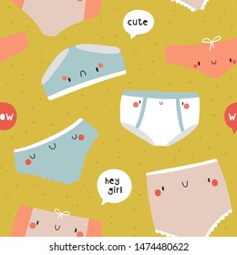Seamless pattern with Cute Lingerie and Speech Bubbles. Vector Positive Period texture. Pattern with hand drawn Smiley Pants.